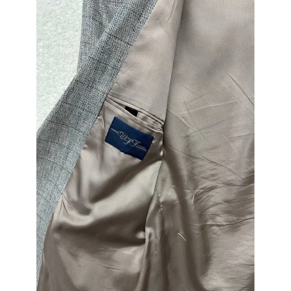 Vintage WFF by Farah Mens 40R Glen Plaid Linen Blend Blazer Sport Coat Gray Blue